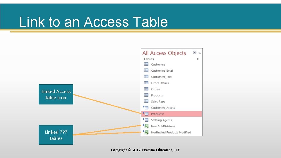Link to an Access Table Linked Access table icon Linked ? ? ? tables