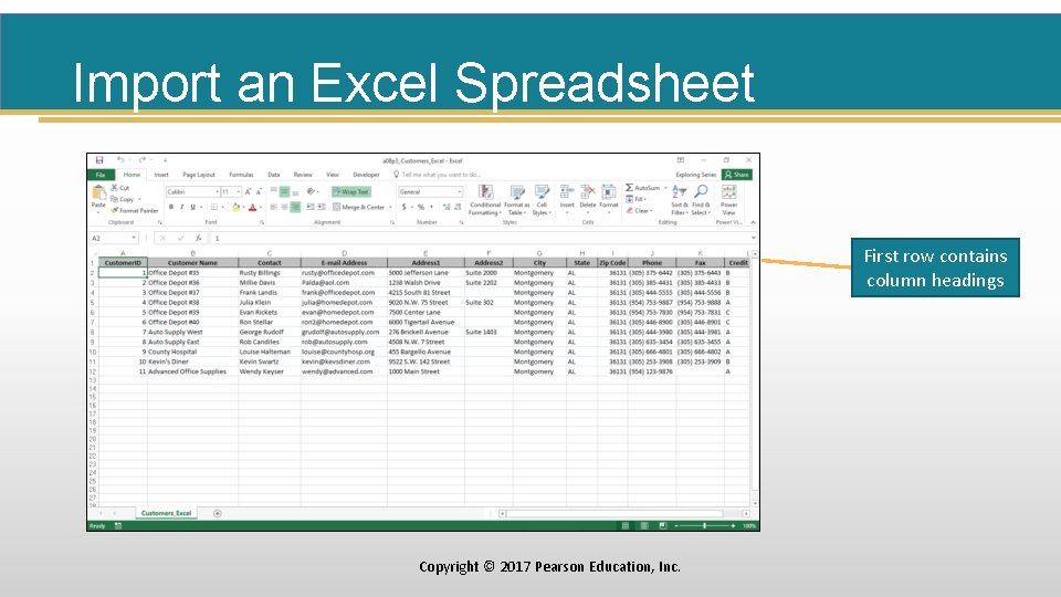 Import an Excel Spreadsheet First row contains column headings Copyright © 2017 Pearson Education,