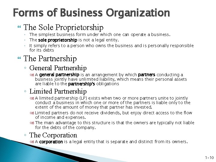 Forms of Business Organization The Sole Proprietorship ◦ The simplest business form under which