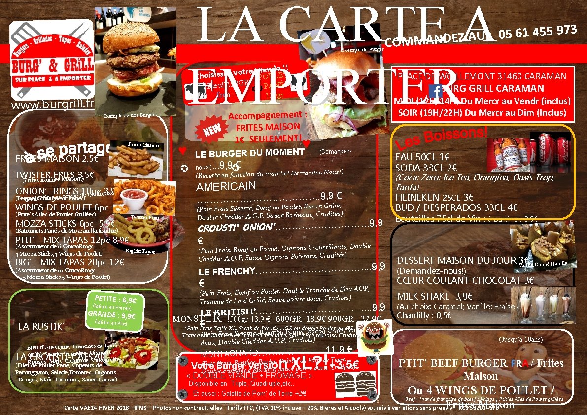 LA CARTE A EMPORTER E xemple de Burger 3 7 9 5 5 4