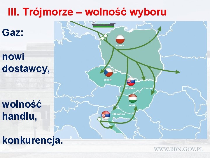III. Trójmorze – wolność wyboru Gaz: POLSKA nowi dostawcy, CZECHY SŁOWACJA wolność handlu, konkurencja.