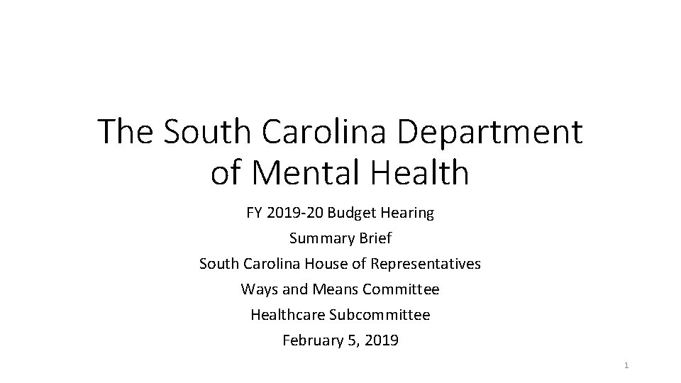 The South Carolina Department of Mental Health FY 2019 -20 Budget Hearing Summary Brief The South Carolina Department of Mental Health FY 2019 -20 Budget Hearing Summary Brief