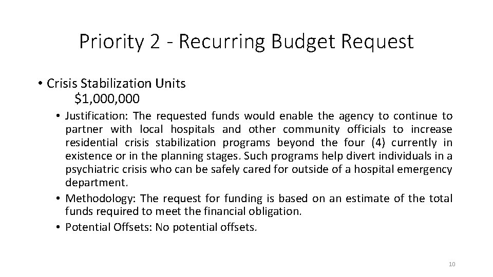 Priority 2 - Recurring Budget Request • Crisis Stabilization Units $1, 000 • Justification: Priority 2 - Recurring Budget Request • Crisis Stabilization Units $1, 000 • Justification: