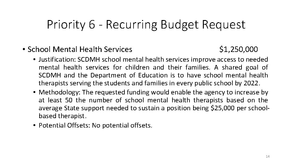 Priority 6 - Recurring Budget Request • School Mental Health Services $1, 250, 000 Priority 6 - Recurring Budget Request • School Mental Health Services $1, 250, 000