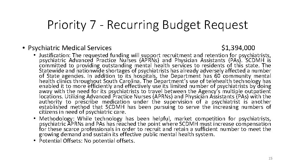 Priority 7 - Recurring Budget Request • Psychiatric Medical Services $1, 394, 000 • Priority 7 - Recurring Budget Request • Psychiatric Medical Services $1, 394, 000 •