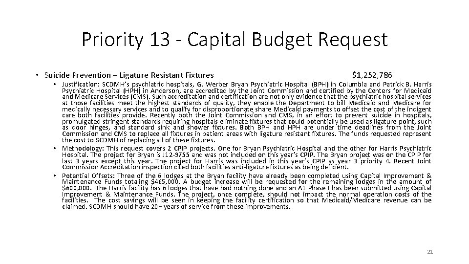 Priority 13 - Capital Budget Request • Suicide Prevention – Ligature Resistant Fixtures $1, Priority 13 - Capital Budget Request • Suicide Prevention – Ligature Resistant Fixtures $1,