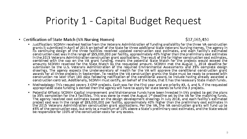 Priority 1 - Capital Budget Request • Certification of State Match (VA Nursing Homes) Priority 1 - Capital Budget Request • Certification of State Match (VA Nursing Homes)