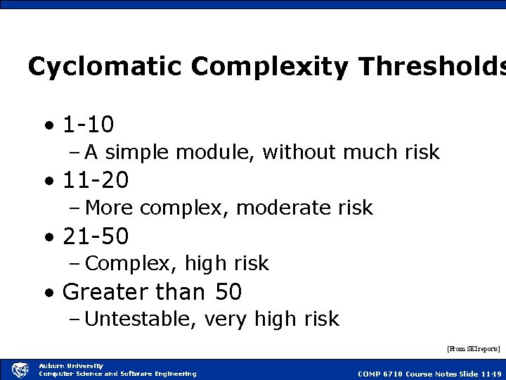Cyclomatic Complexity Thresholds • 1 -10 – A simple module, without much risk •