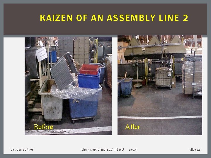 KAIZEN OF AN ASSEMBLY LINE 2 Before Dr. Joan Burtner After Chair, Dept of