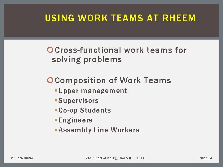 USING WORK TEAMS AT RHEEM Cross-functional work teams for solving problems Composition of Work