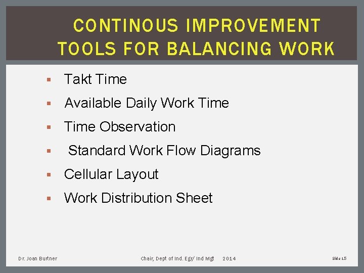 CONTINOUS IMPROVEMENT TOOLS FOR BALANCING WORK § Takt Time § Available Daily Work Time