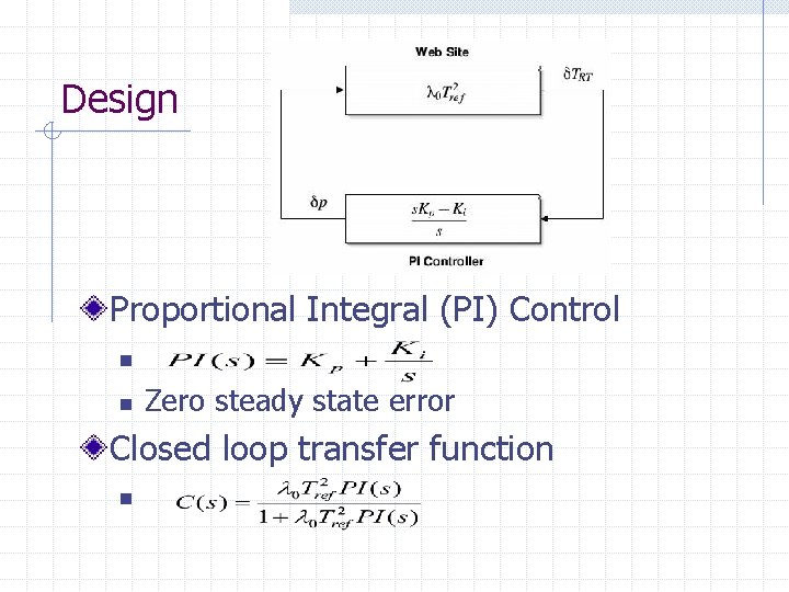 Design Proportional Integral (PI) Control n n Zero steady state error Closed loop transfer