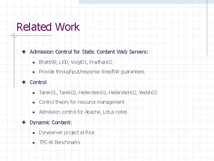 Related Work Admission Control for Static Content Web Servers: n Bhatti 99, Li 00,