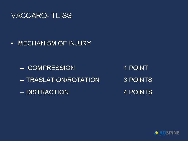 VACCARO- TLISS • MECHANISM OF INJURY – COMPRESSION 1 POINT – TRASLATION/ROTATION 3 POINTS