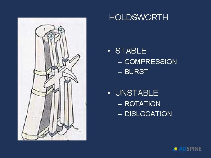HOLDSWORTH • STABLE – COMPRESSION – BURST • UNSTABLE – ROTATION – DISLOCATION 