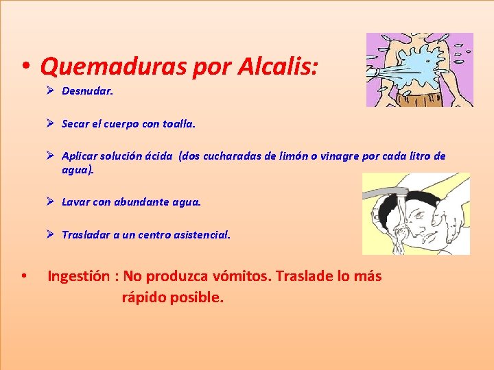  • Quemaduras por Alcalis: Ø Desnudar. Ø Secar el cuerpo con toalla. Ø