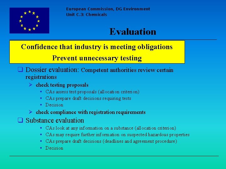 European Commission, DG Environment Unit C. 3: Chemicals Evaluation Confidence that industry is meeting