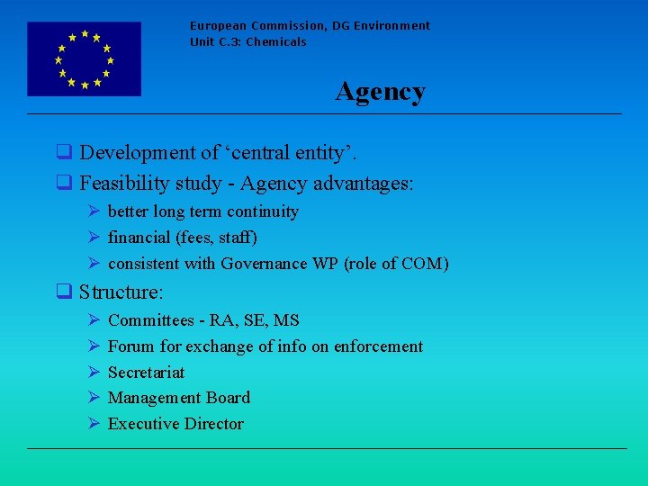 European Commission, DG Environment Unit C. 3: Chemicals Agency q Development of ‘central entity’.