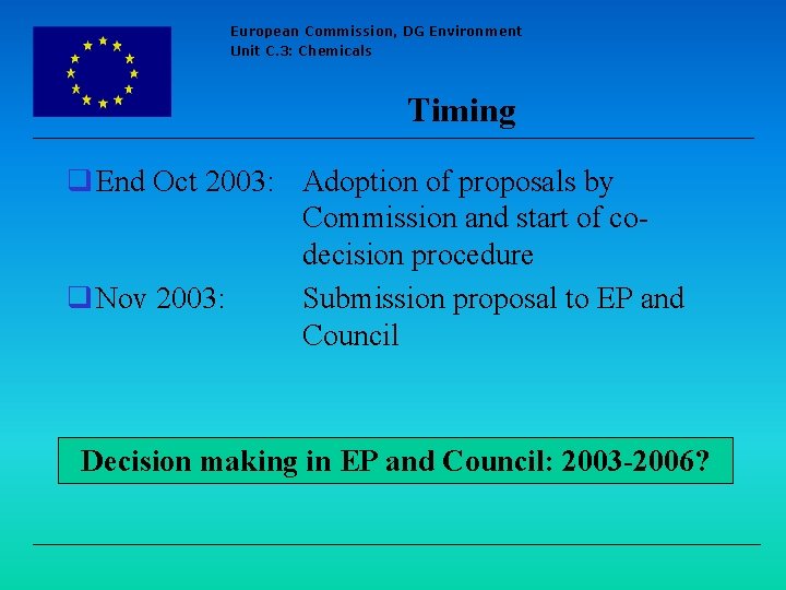 European Commission, DG Environment Unit C. 3: Chemicals Timing q End Oct 2003: Adoption