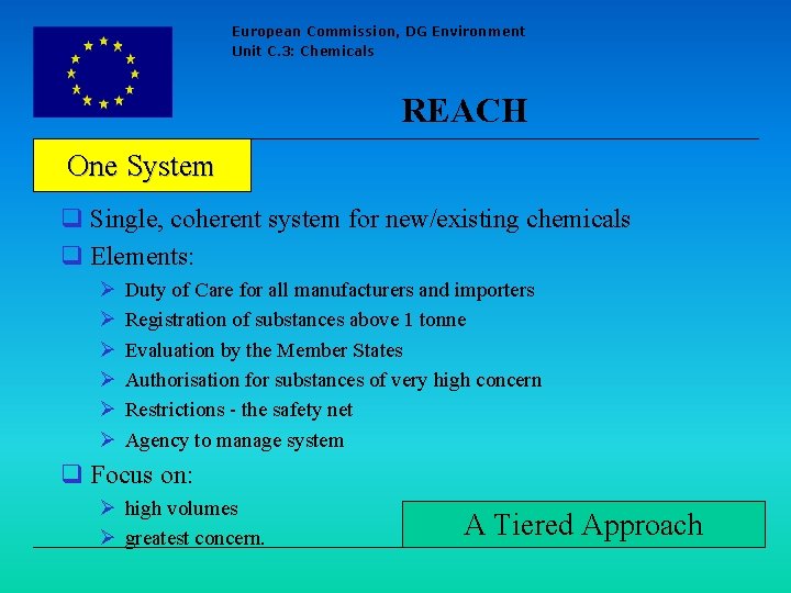 European Commission, DG Environment Unit C. 3: Chemicals REACH One System q Single, coherent