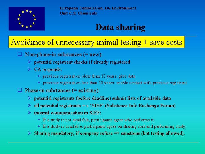 European Commission, DG Environment Unit C. 3: Chemicals Data sharing Avoidance of unnecessary animal