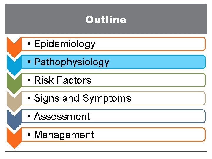 Outline • Epidemiology • Pathophysiology • Risk Factors • Signs and Symptoms • Assessment