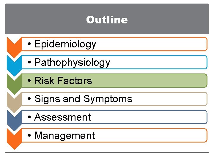 Outline • Epidemiology • Pathophysiology • Risk Factors • Signs and Symptoms • Assessment