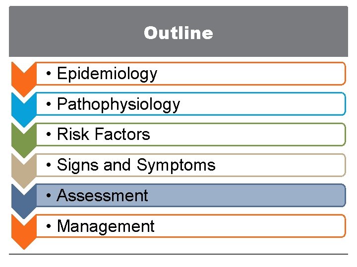 Outline • Epidemiology • Pathophysiology • Risk Factors • Signs and Symptoms • Assessment