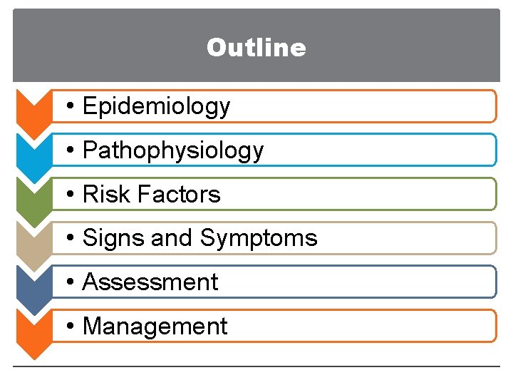 Outline • Epidemiology • Pathophysiology • Risk Factors • Signs and Symptoms • Assessment