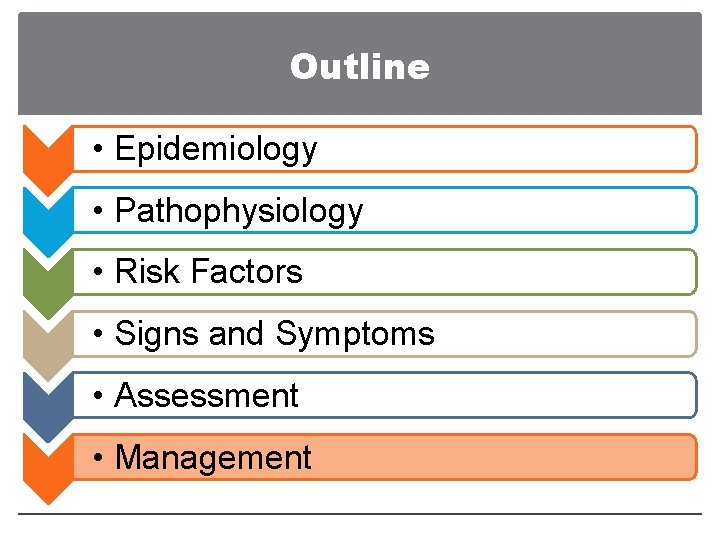 Outline • Epidemiology • Pathophysiology • Risk Factors • Signs and Symptoms • Assessment