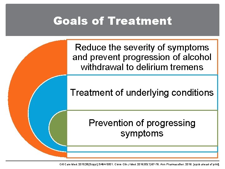 Goals of Treatment Reduce the severity of symptoms and prevent progression of alcohol withdrawal