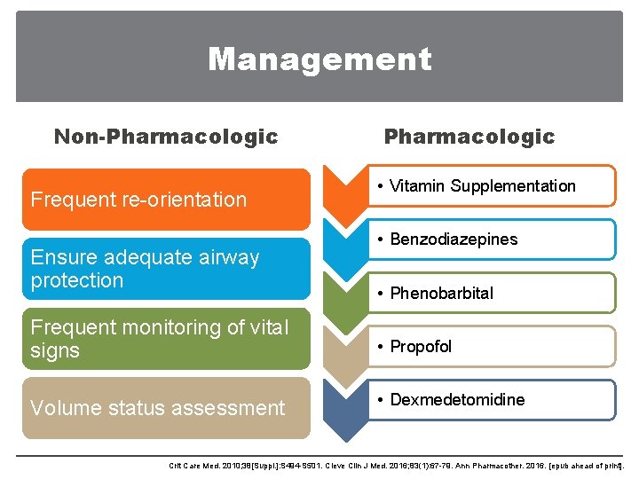Management Non-Pharmacologic Frequent re-orientation Ensure adequate airway protection Pharmacologic • Vitamin Supplementation • Benzodiazepines