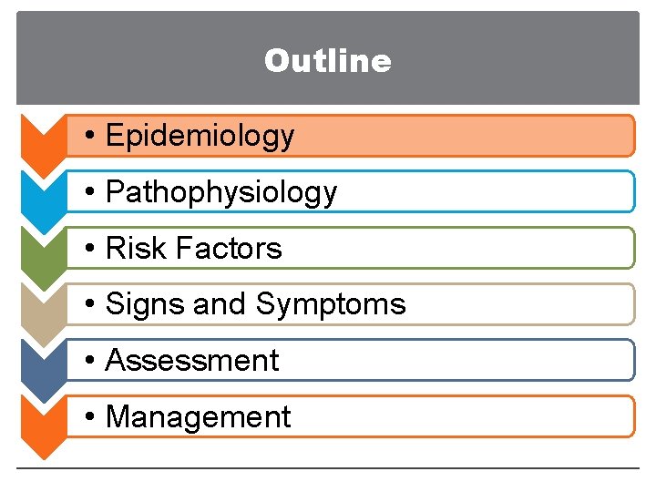 Outline • Epidemiology • Pathophysiology • Risk Factors • Signs and Symptoms • Assessment