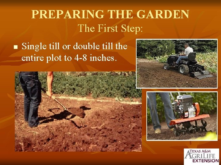 PREPARING THE GARDEN The First Step: n Single till or double till the entire