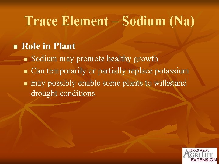 Trace Element – Sodium (Na) n Role in Plant n n n Sodium may