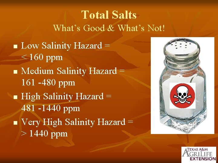 Total Salts What’s Good & What’s Not! n n Low Salinity Hazard = <