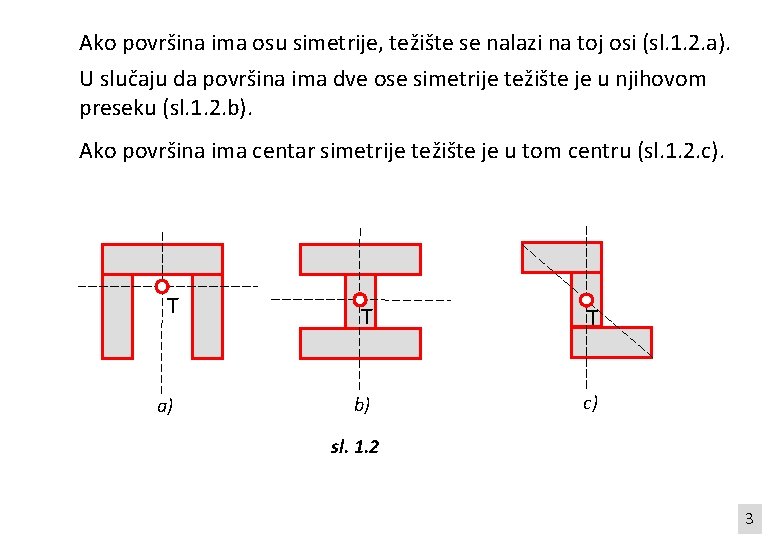 Ako površina ima osu simetrije, težište se nalazi na toj osi (sl. 1. 2.