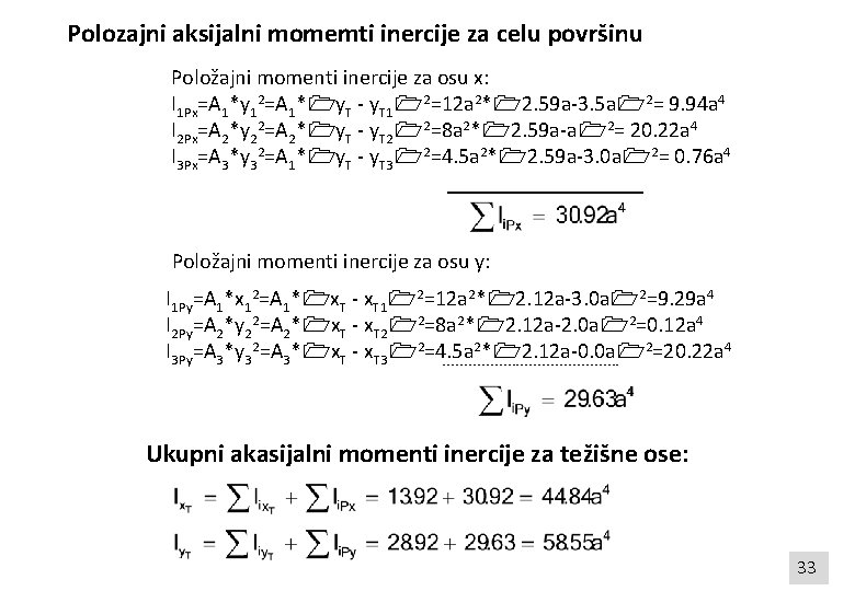 Polozajni aksijalni momemti inercije za celu površinu Položajni momenti inercije za osu x: I
