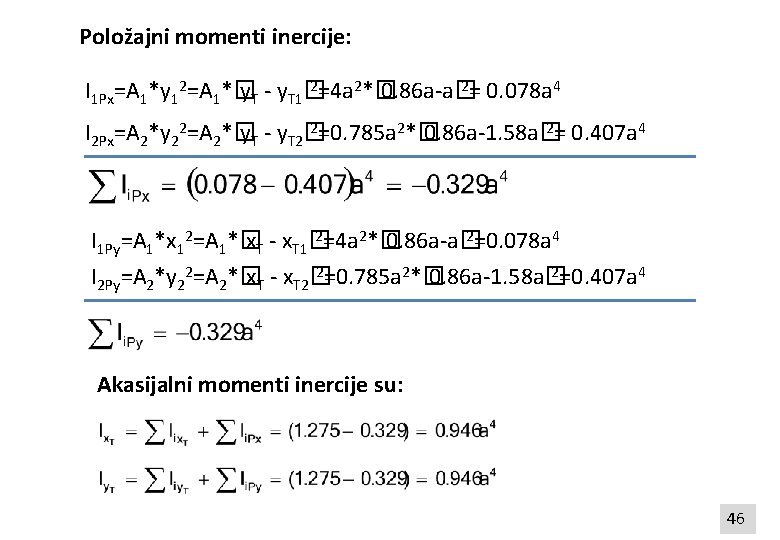 Položajni momenti inercije: 2=4 a 2*� 2= 0. 078 a 4 I 1 Px=A