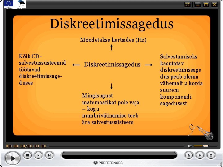 Diskreetimissagedus Mõõdetakse hertsides (Hz) Kõik CD salvestussüsteemid töötavad diskreetimissage duses Diskreetimissagedus Mingisugust matemaatikat pole