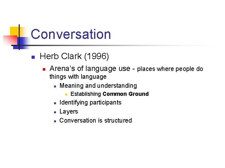 Conversation n Herb Clark (1996) n Arena’s of language use - places where people Conversation n Herb Clark (1996) n Arena’s of language use - places where people