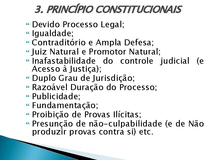 3. PRINCÍPIO CONSTITUCIONAIS Devido Processo Legal; Igualdade; Contraditório e Ampla Defesa; Juiz Natural e