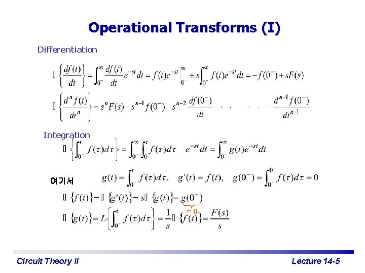 Operational Transforms (I) Differentiation Integration 여기서 =0 Circuit Theory II Lecture 14 -5 