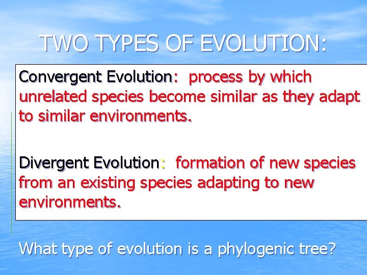 TWO TYPES OF EVOLUTION: Convergent Evolution: process by which unrelated species become similar as