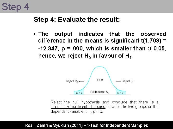 Step 4: Evaluate the result: • The output indicates that the observed difference in