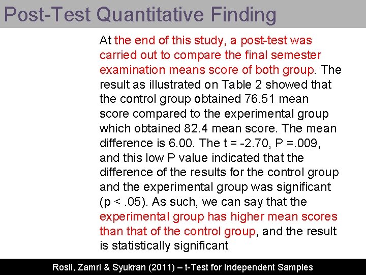 Post-Test Quantitative Finding At the end of this study, a post-test was carried out