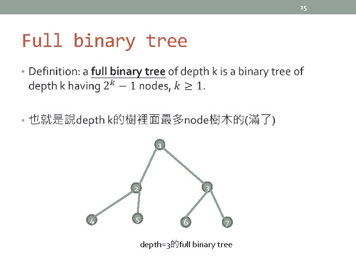 15 Full binary tree • 1 3 2 4 5 6 7 depth=3的full binary