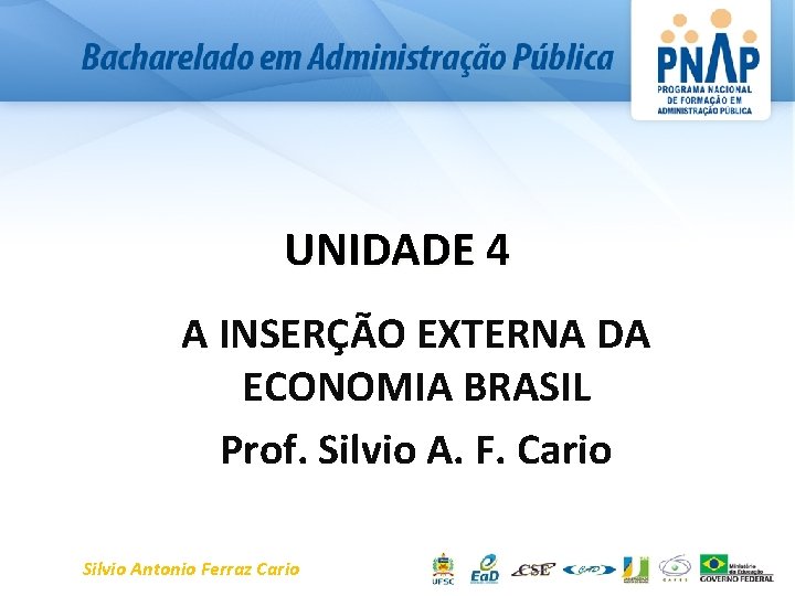 UNIDADE 4 A INSERÇÃO EXTERNA DA ECONOMIA BRASIL Prof. Silvio A. F. Cario Silvio