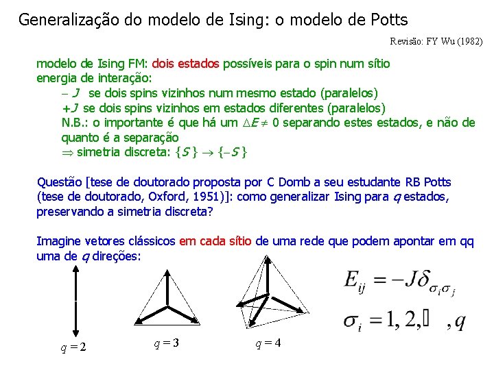 Generalização do modelo de Ising: o modelo de Potts Revisão: FY Wu (1982) modelo
