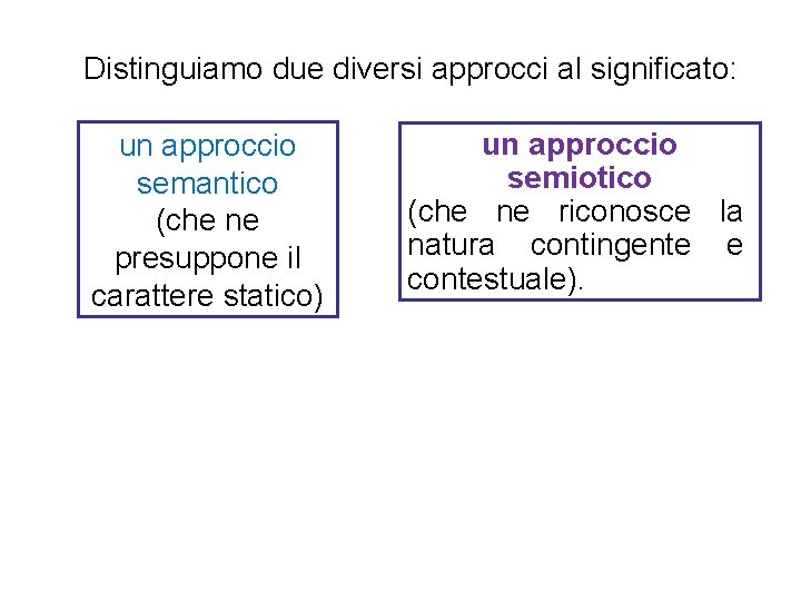 Distinguiamo due diversi approcci al significato: un approccio semantico (che ne presuppone il carattere